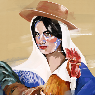 Ilustração de mulher de chapéu a segurar um galo