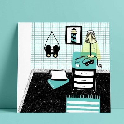 Quadro decorativo com desenho de ambiente interior e vários objetos