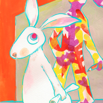 Desenho de coelho branco segurando pergaminho com figura colorida ao fundo.