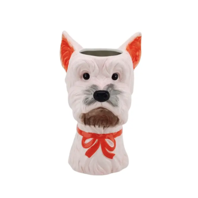 Vaso cerâmico decorativo em forma de cabeça de cão com laço cor-de-laranja