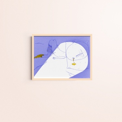 Quadro emoldurado com figuras humanas em azul, branco e amarelo