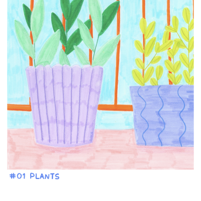 Ilustração de duas plantas em vasos decorativos coloridos sobre um chão rosa com fundo de grades laranja.