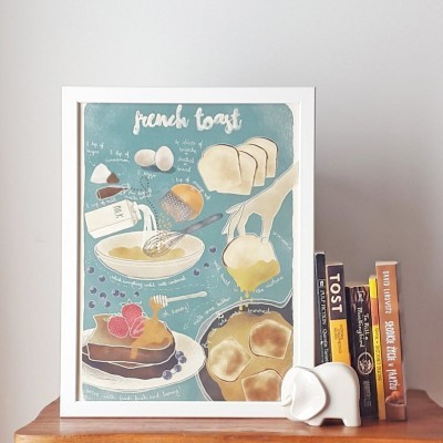 Poster emoldurado com receita ilustrada de French toast ao lado de livros e figura decorativa de elefante