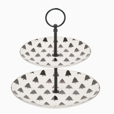 Suporte de bandeja de duas camadas com padrão de árvores de Natal pretas