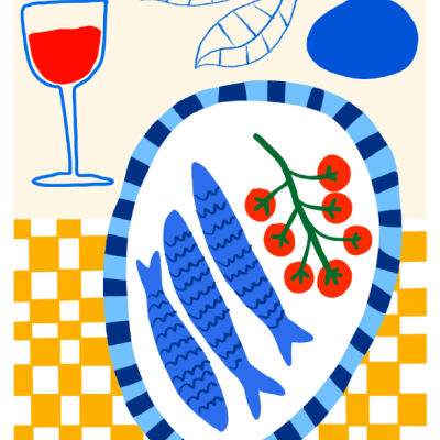 Ilustração colorida de peixe, tomate cereja, figo e copo de vinho sobre mesa xadrez amarela e branca
