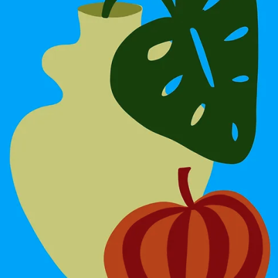 Vaso verde claro com folha verde escura e abóbora laranja fundo azul