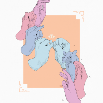 Ilustração artística de várias mãos coloridas em diferentes gestos sobre fundo laranja