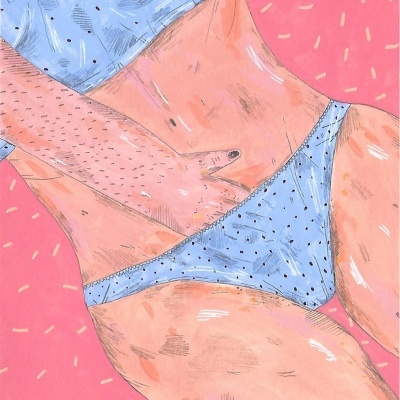 Ilustração de pessoa com roupa interior azul com padrão preto em fundo rosa