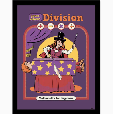 Capa de livro 'Learn About Division' com ilustração de mágico e caixa, cores roxo, amarelo e vermelho