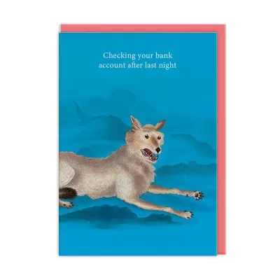 Cartão azul com ilustração de cão e texto Checking your bank account after last night