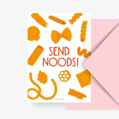 Cartão branco com desenhos de massas laranja e texto SEND NOODS!