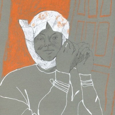 Desenho de pessoa com lenço branco e padrão laranja, texto AMA-SAN no fundo