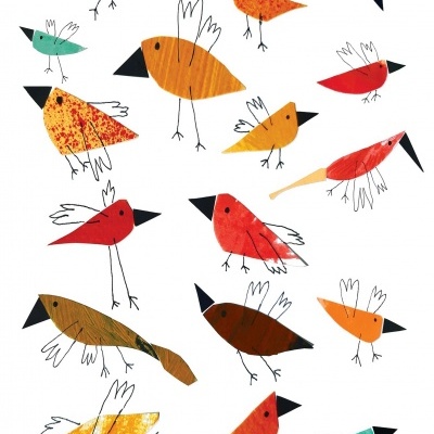 Ilustrações coloridas de pássaros estilizados em fundo branco