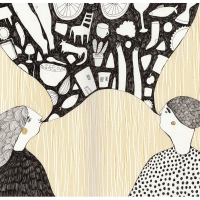 Desenho artístico a preto e branco de duas pessoas estilizadas com balões de fala contendo objetos diversos.