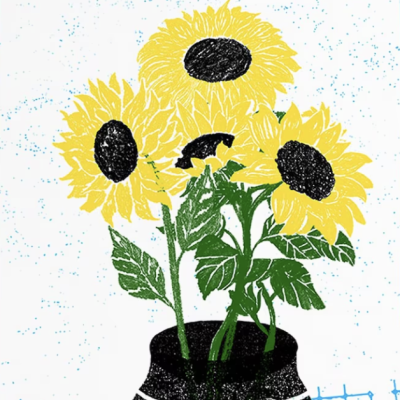 Ilustração de girassóis num vaso preto com riscas brancas