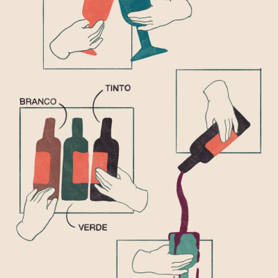 Ilustração de mãos com taças e garrafas de vinho em diferentes cores e textos indicativos.