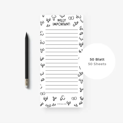 Lista de papel branca decorada com desenhos de pênis pretos acompanhada de um lápis preto