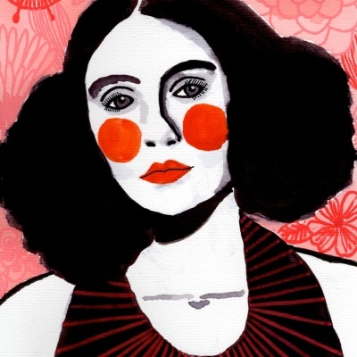 Ilustração de mulher com maquiagem vermelha alaranjada, cabelo preto e fundo floral vermelho