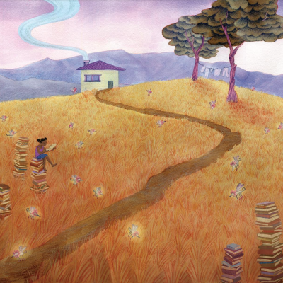 Ilustração de campo dourado com caminho, casa, árvores e personagem lendo livros
