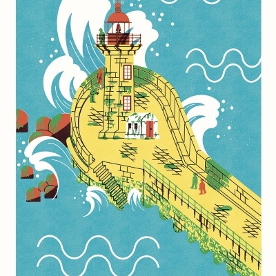 Poster colorido ilustrado do Farolim de Felgueiras com farol e mar