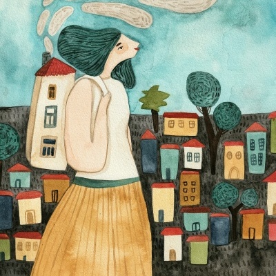 Ilustração de mulher com mochila em forma de casa em vila colorida