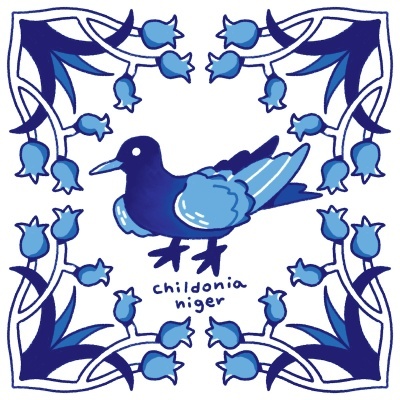 Ilustração de pássaro azul com flores azuis e texto childonia niger