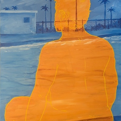 Pintura de figura humana laranja sentada com palmeiras ao fundo