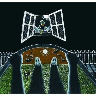 Ilustração de mãos segurando volante, fantasmas, morcegos, cerca branca e pato na janela aberta