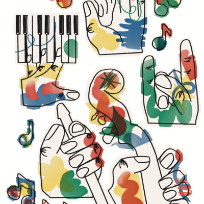 Desenhos coloridos de mãos e notas musicais com teclado de piano.