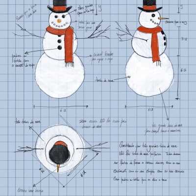 Esboço técnico de boneco de neve com cachecol vermelho e chapéu preto em papel quadriculado azul