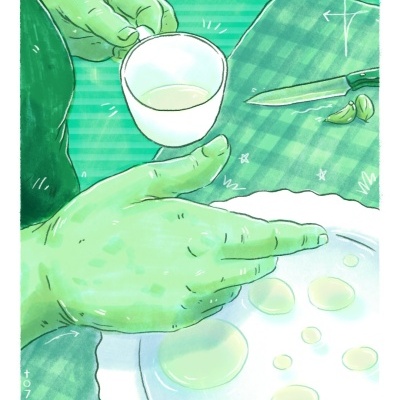 Ilustração de mãos verdes com chávena e gotas de líquido num prato sobre mesa verde