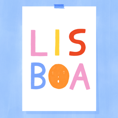 Póster com letras coloridas formando a palavra LISBOA