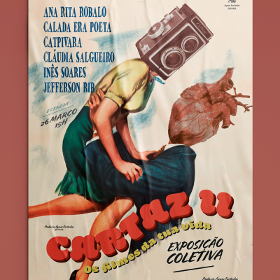 Cartaz artístico com figuras humanas e texto sobre exposição coletiva