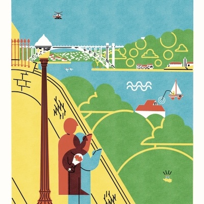 Pôster ilustrado do Miradouro de Santa Catarina com figuras geométricas e elementos naturais