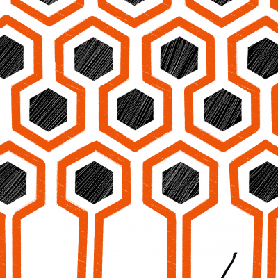 Padrão geométrico hexagonal preto e laranja com fundo branco e desenho de martelo