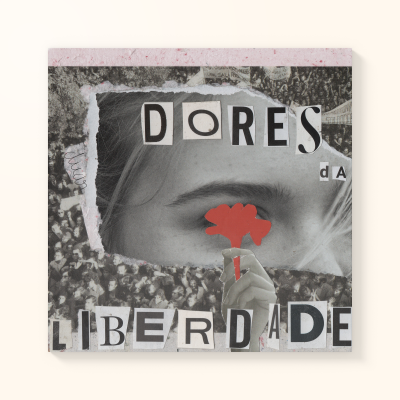 Capa de álbum com colagem em preto e branco, flor vermelha e texto recortado