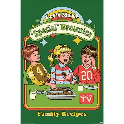 Ilustração retro de três crianças a comer brownies com texto promocional e fundo verde