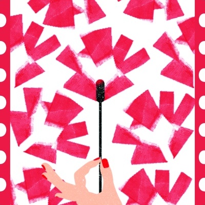 Ilustração de mão segurando aplicador de rímel com padrão vermelho ao fundo