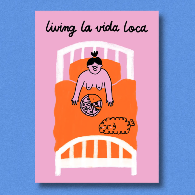 Ilustração colorida de pessoa na cama com pizza e cãozinho, texto living la vida loca