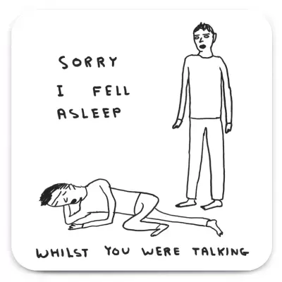 Ilustração minimalista em preto e branco com duas pessoas e texto manuscrito sobre sono e conversa