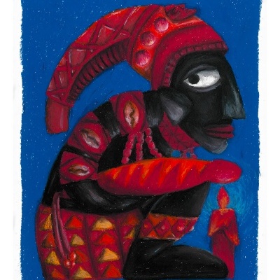 Pintura de figura humana estilizada em vermelho e preto com vela acesa