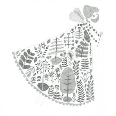 Ilustração a preto e branco de figura feminina com vestido estampado de folhas e asas pequenas