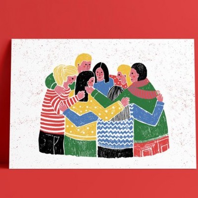 Ilustração de grupo de pessoas abraçadas com roupas coloridas
