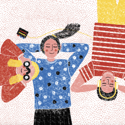 Ilustração de três pessoas deitadas com roupas coloridas e auscultadores