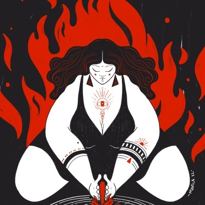 Desenho de mulher ajoelhada junto a fogueira com chamas vermelhas.