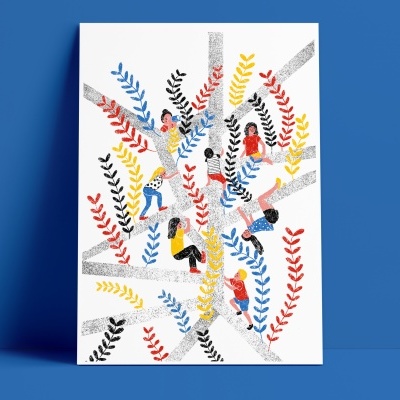 Ilustração colorida de figuras humanas estilizadas com padrões de folhas em fundo azul.
