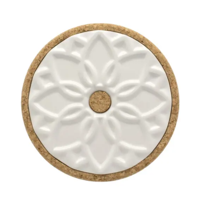 Suporte redondo para copos com base em cortiça e topo branco com padrão floral