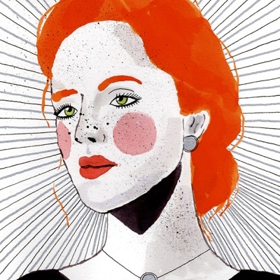 Ilustração de mulher ruiva com acessórios prateados e fundo com linhas radiantes