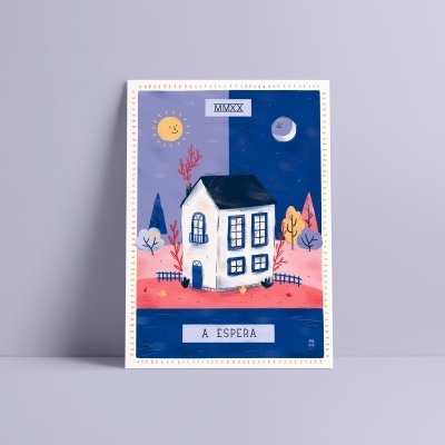 Cartaz ilustrado com uma casa e texto em português