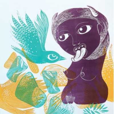 Ilustração abstrata de busto humano roxo e pássaro azul com elementos decorativos amarelos e verdes